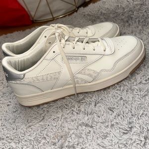 Reebok classic memory tech shoes, white and silver with white cheetah print.